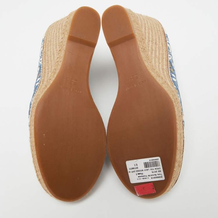 Pre Owned Tory Burch White/Blue Lace And Leather Lucia Wedge Espadrille Platform Pumps Size 38.5