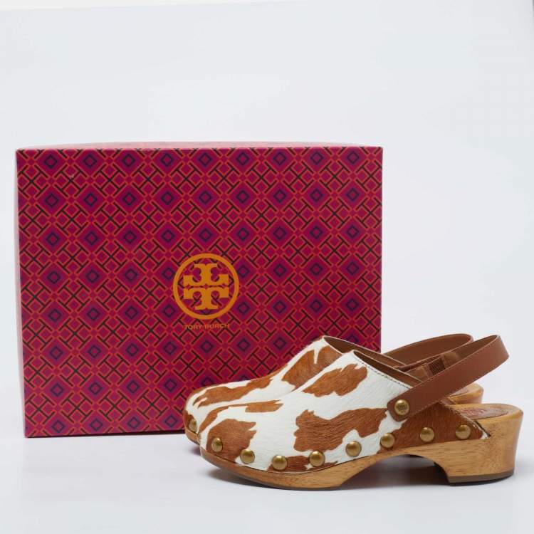 Pre Owned Tory Burch  White/Brown Calf Hair Blythe Slingback Clogs Size 37.5