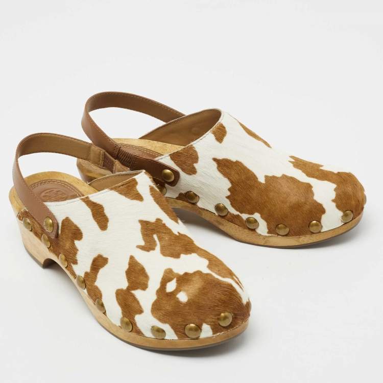 Pre Owned Tory Burch  White/Brown Calf Hair Blythe Slingback Clogs Size 37.5