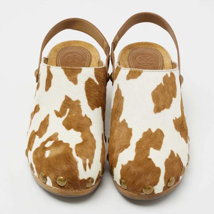 Pre Owned Tory Burch  White/Brown Calf Hair Blythe Slingback Clogs Size 37.5