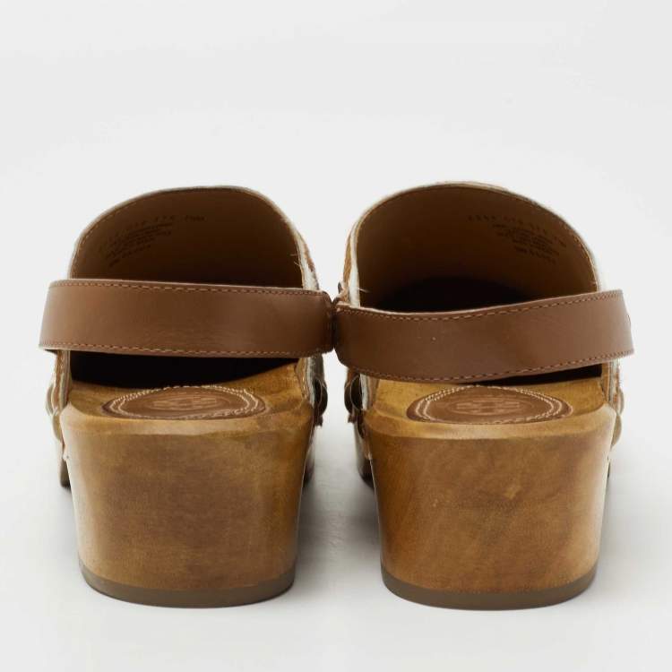 Pre Owned Tory Burch  White/Brown Calf Hair Blythe Slingback Clogs Size 37.5