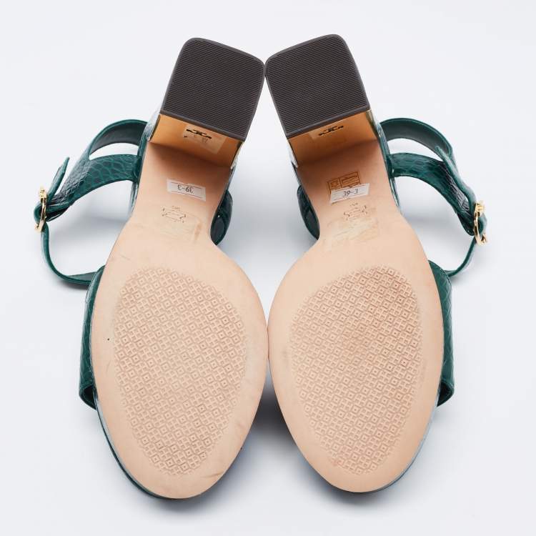 Pre Owned Tory Burch Green Croc Embossed Leather Martine Platform Sandals Size 39
