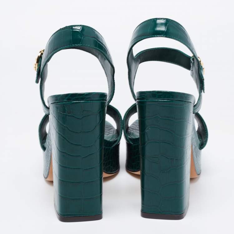 Pre Owned Tory Burch Green Croc Embossed Leather Martine Platform Sandals Size 39
