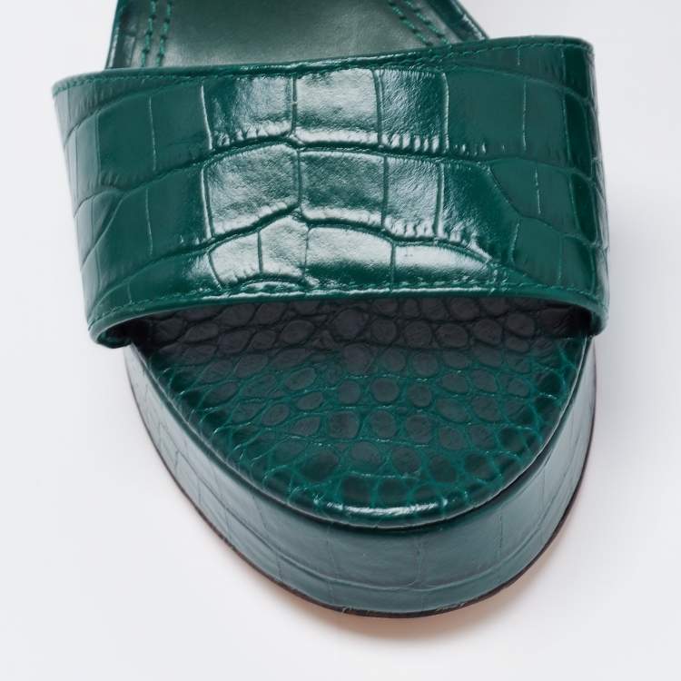 Pre Owned Tory Burch Green Croc Embossed Leather Martine Platform Sandals Size 39