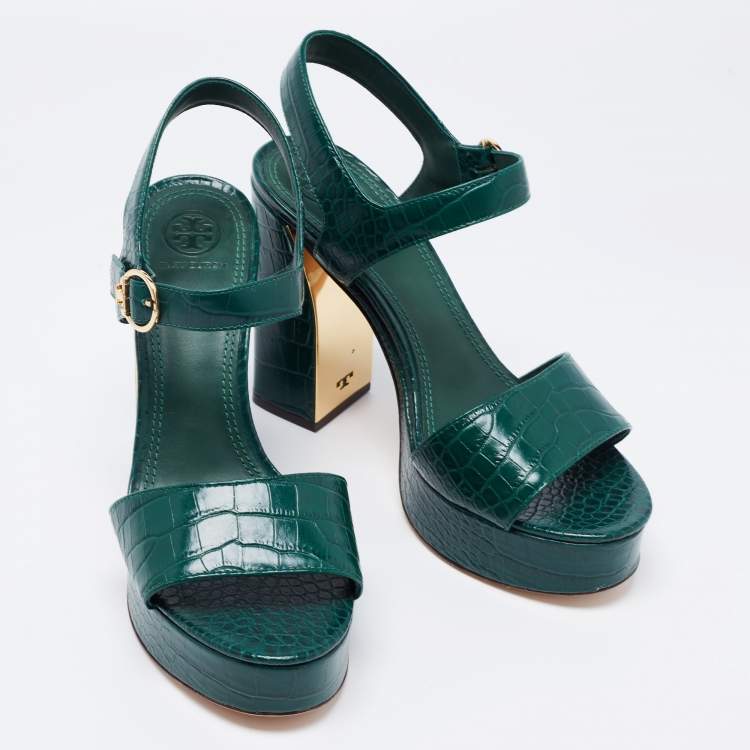Pre Owned Tory Burch Green Croc Embossed Leather Martine Platform Sandals Size 39
