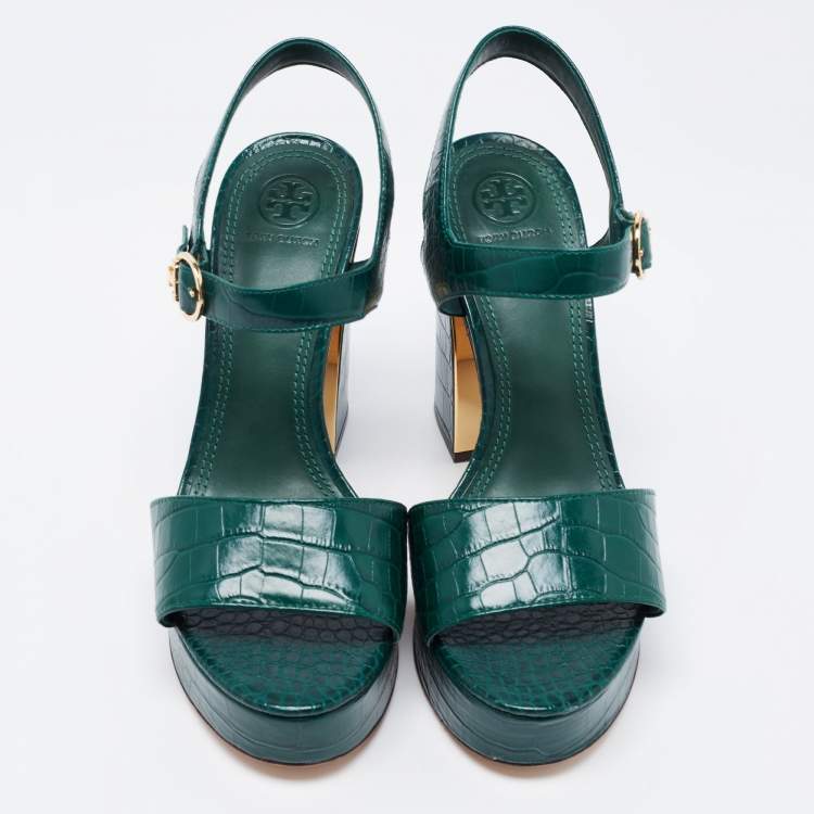 Pre Owned Tory Burch Green Croc Embossed Leather Martine Platform Sandals Size 39