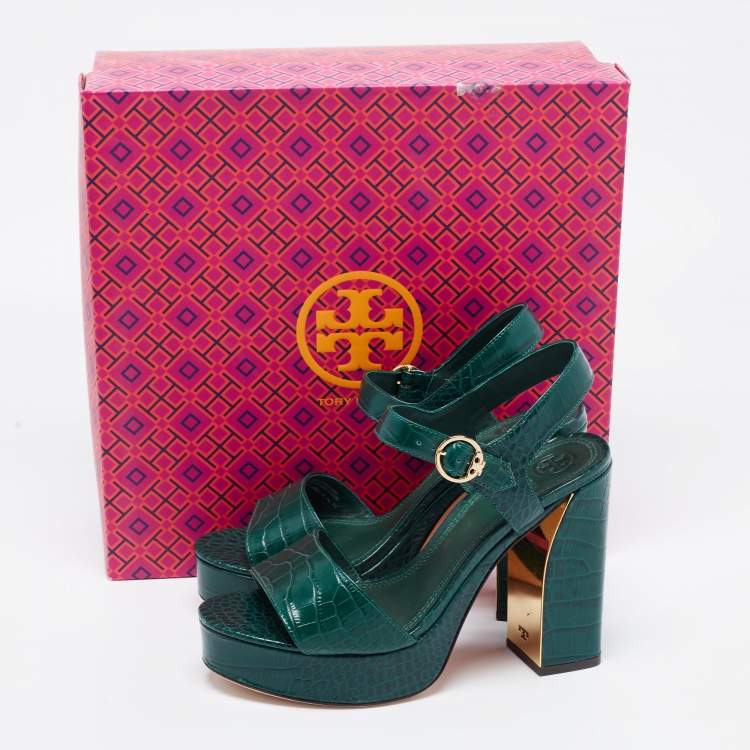 Pre Owned Tory Burch Green Croc Embossed Leather Martine Platform Sandals Size 39