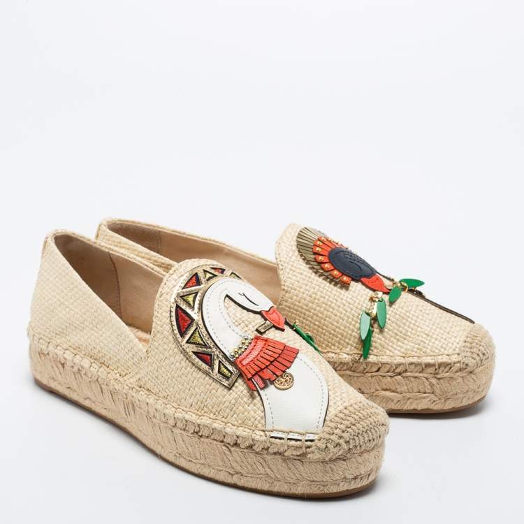 Pre Owned Tory Burch Beige Jute Embellished Espadrille Flats Size 37