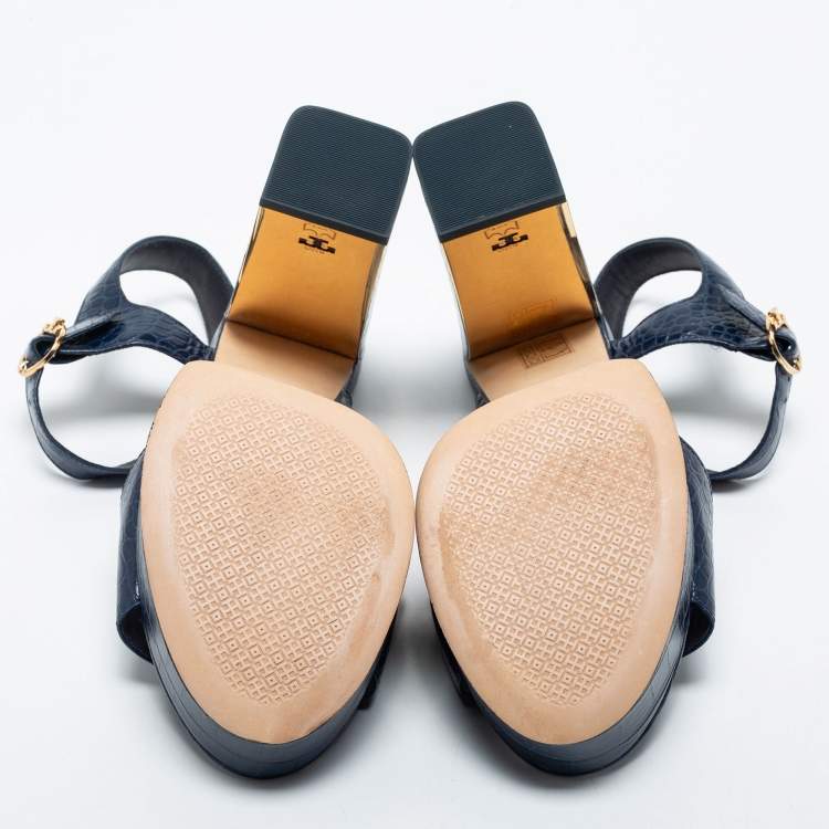 مملوكة مسبقًا Tory Burch Navy Blue Croc Embossed Leather Maritine Platform Sandals Size 40