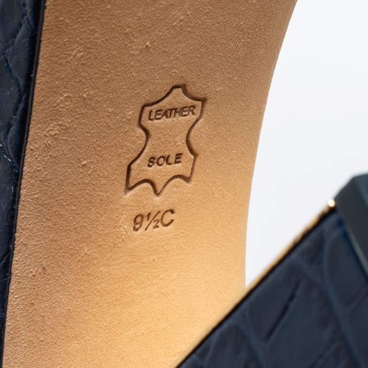 مملوكة مسبقًا Tory Burch Navy Blue Croc Embossed Leather Maritine Platform Sandals Size 40