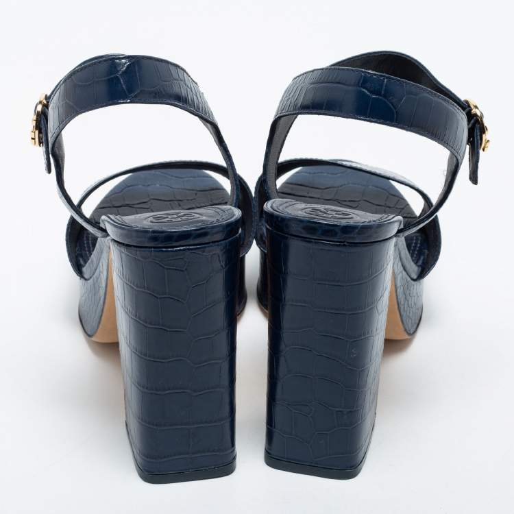 مملوكة مسبقًا Tory Burch Navy Blue Croc Embossed Leather Maritine Platform Sandals Size 40