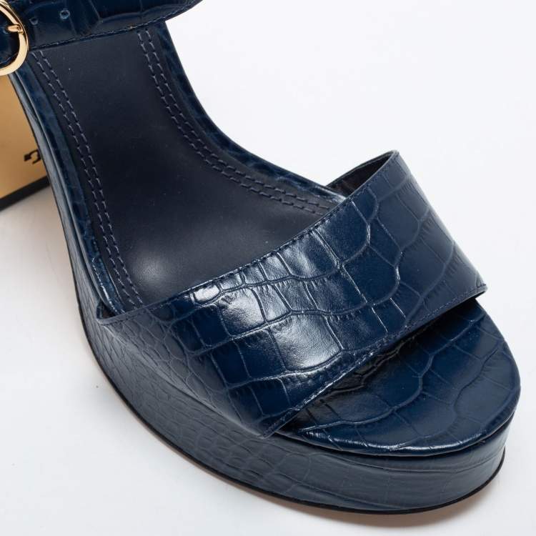 مملوكة مسبقًا Tory Burch Navy Blue Croc Embossed Leather Maritine Platform Sandals Size 40