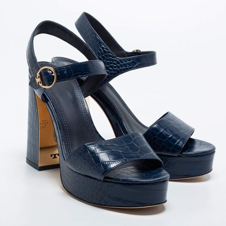 مملوكة مسبقًا Tory Burch Navy Blue Croc Embossed Leather Maritine Platform Sandals Size 40
