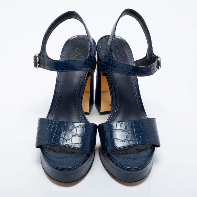 مملوكة مسبقًا Tory Burch Navy Blue Croc Embossed Leather Maritine Platform Sandals Size 40