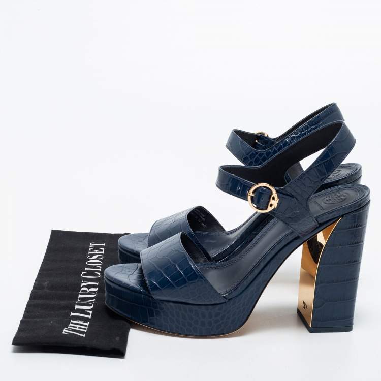 مملوكة مسبقًا Tory Burch Navy Blue Croc Embossed Leather Maritine Platform Sandals Size 40