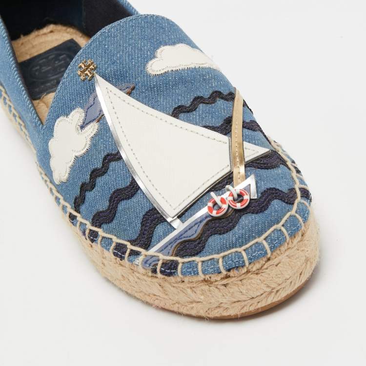 Pre Owned Tory Burch Blue Denim Seaside Espadrille Flats Size 37.5