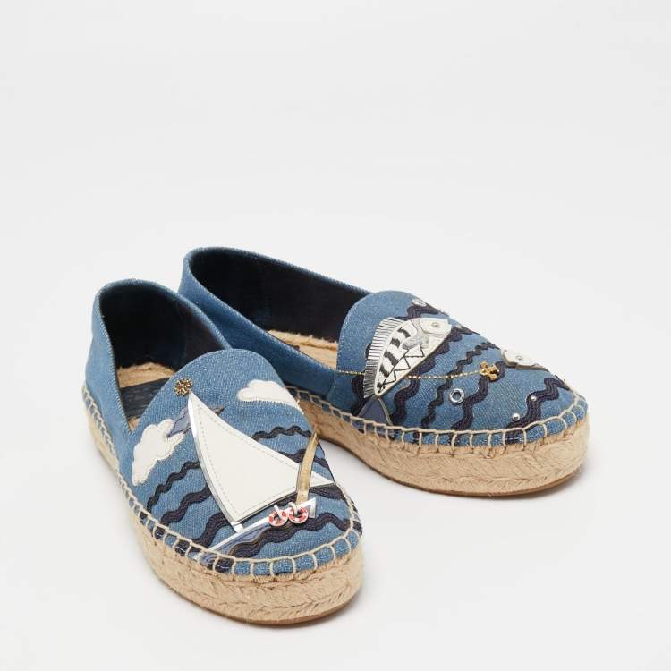 Pre Owned Tory Burch Blue Denim Seaside Espadrille Flats Size 37.5