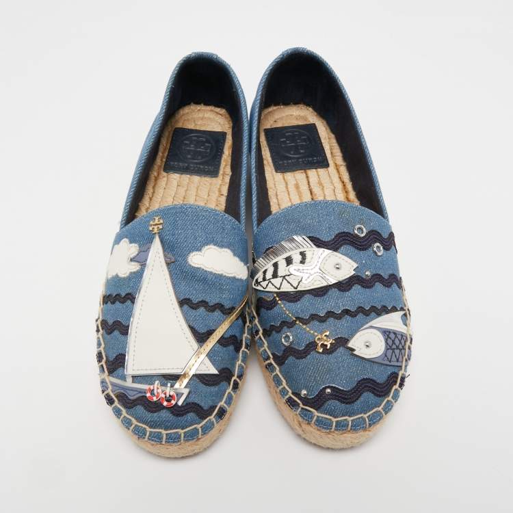Pre Owned Tory Burch Blue Denim Seaside Espadrille Flats Size 37.5