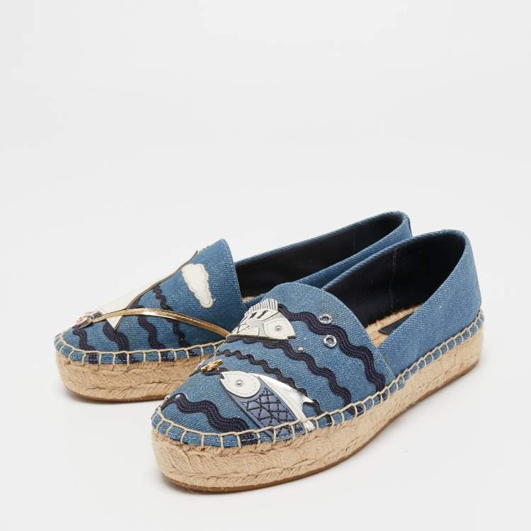 Pre Owned Tory Burch Blue Denim Seaside Espadrille Flats Size 37.5