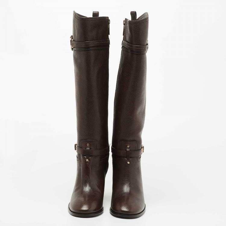 Pre Owned Tory Burch Dark Brown Leather Knee Length Boots Size 39.5