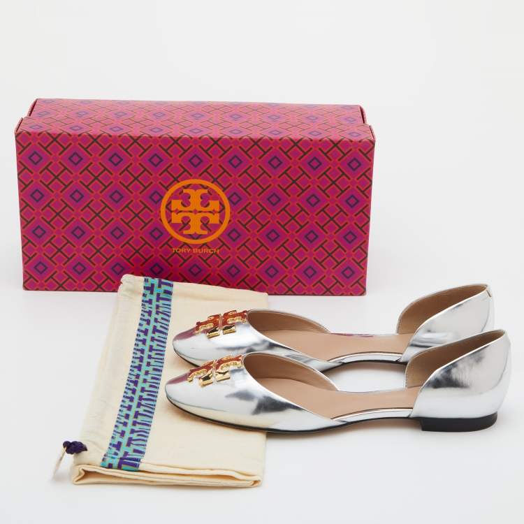 مملوكة مسبقًا Tory Burch Metallic Silver Leather Raleigh Flats Size 36.5