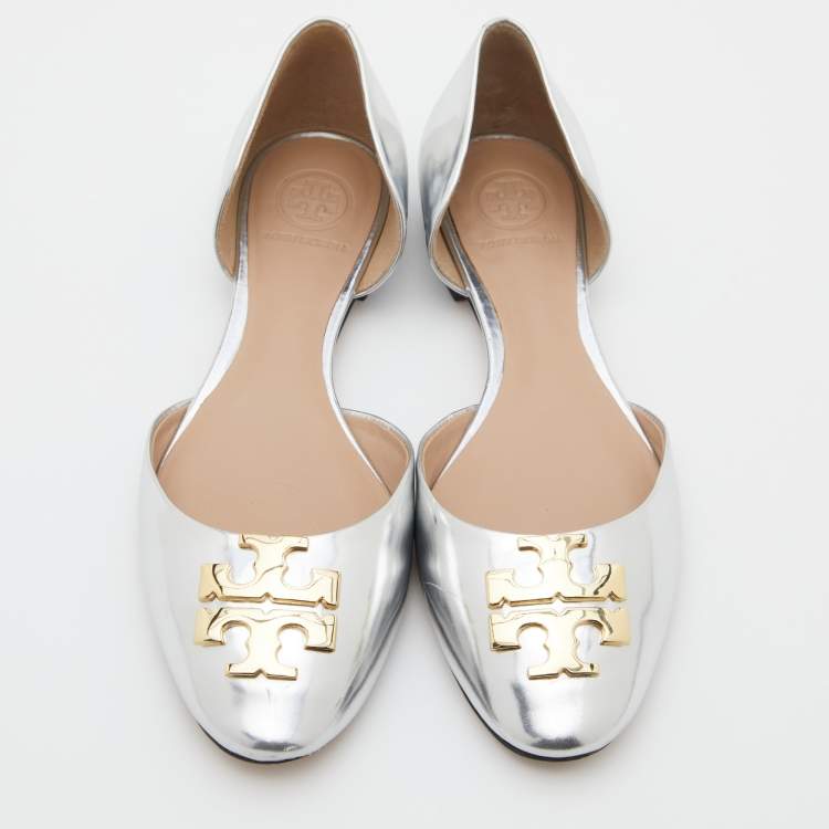 مملوكة مسبقًا Tory Burch Metallic Silver Leather Raleigh Flats Size 36.5