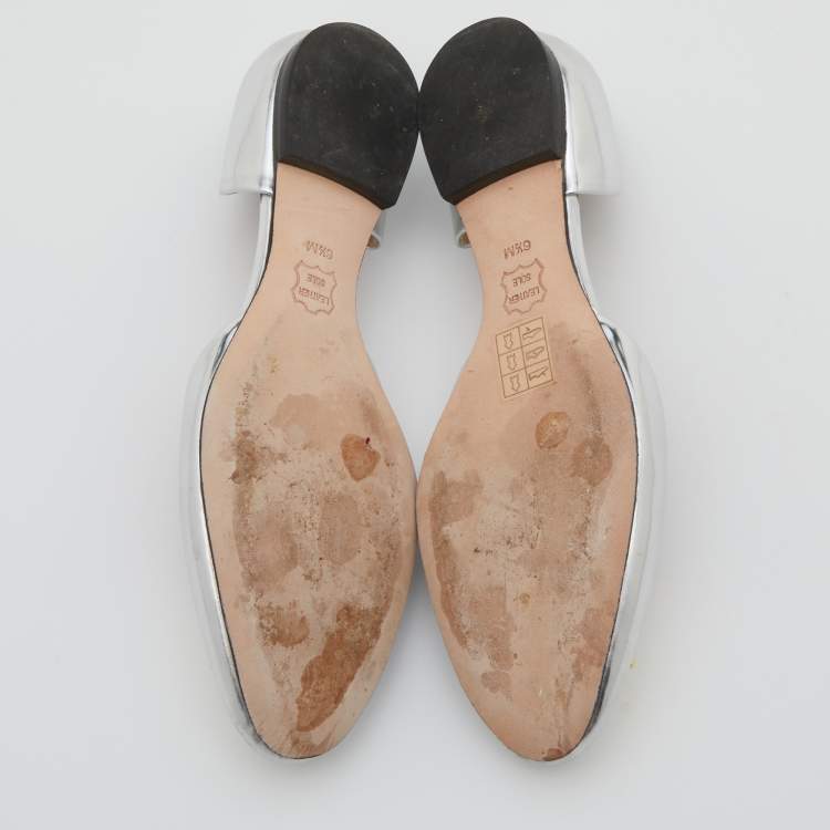 مملوكة مسبقًا Tory Burch Metallic Silver Leather Raleigh Flats Size 36.5
