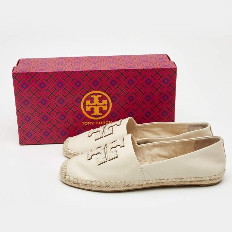 Pre Owned Tory Burch Cream Leather Ines Espadrille Flats Size 41.5