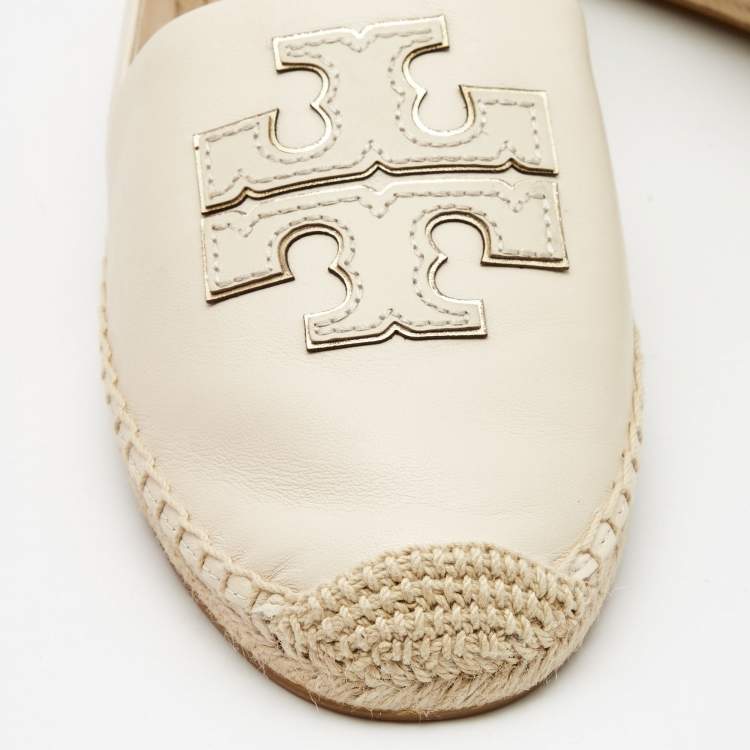 Pre Owned Tory Burch Cream Leather Ines Espadrille Flats Size 41.5