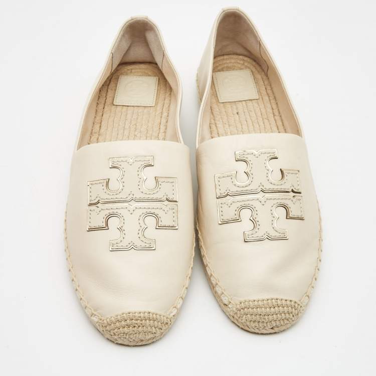Pre Owned Tory Burch Cream Leather Ines Espadrille Flats Size 41.5