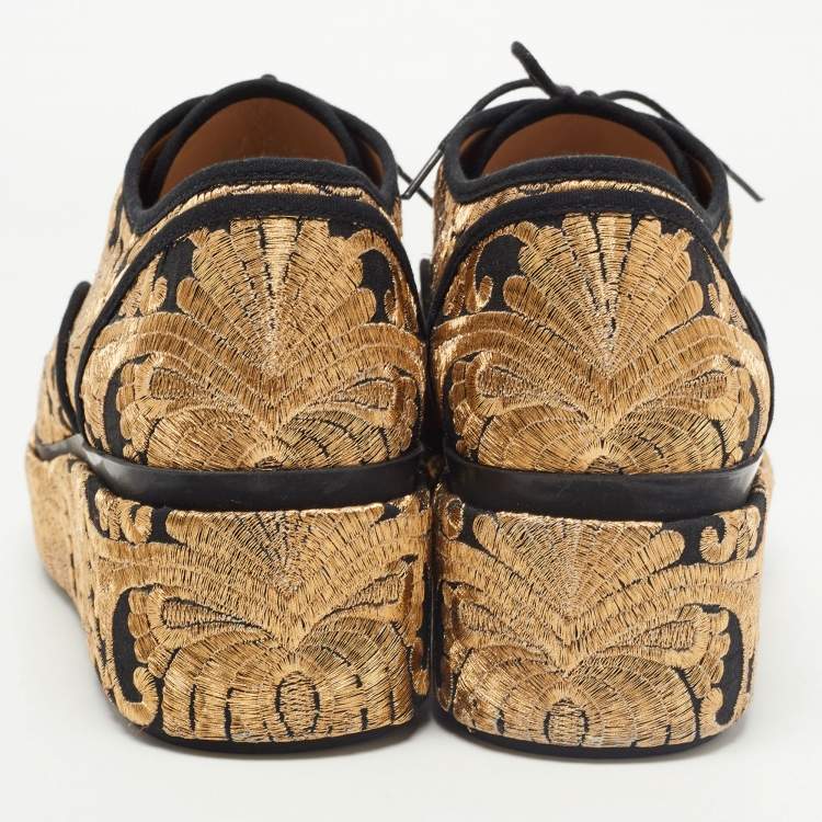 Pre Owned Tory Burch Gold/Black Brocade Fabric Arden Platform Oxfords Size 39