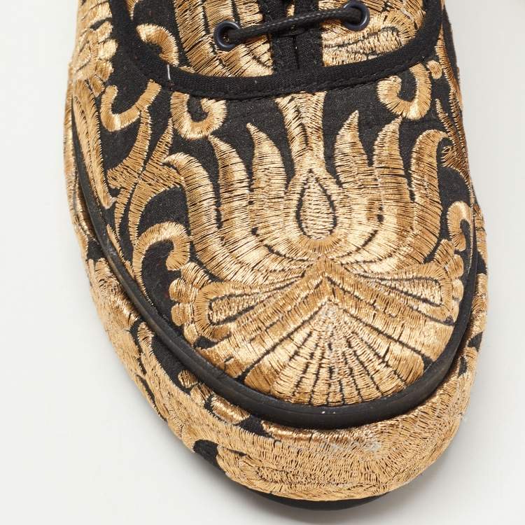 Pre Owned Tory Burch Gold/Black Brocade Fabric Arden Platform Oxfords Size 39