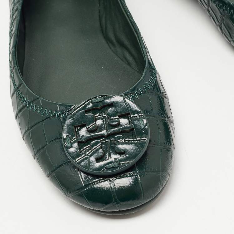 Pre Owned Tory Burch Green Croc Embossed Leather Minnie Travel Ballet Flats Size 38