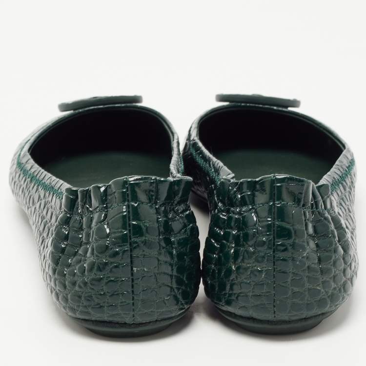 Pre Owned Tory Burch Green Croc Embossed Leather Minnie Travel Ballet Flats Size 38