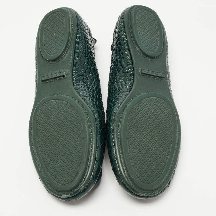 Pre Owned Tory Burch Green Croc Embossed Leather Minnie Travel Ballet Flats Size 38