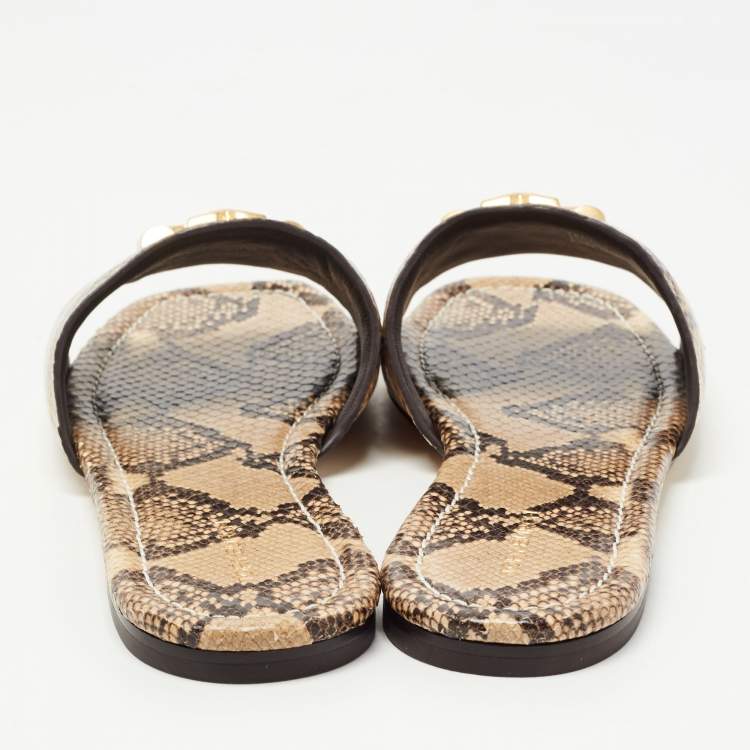 Pre Owned Tory Burch Two Tone Python Leather Eleanor Flat Slides Size 38