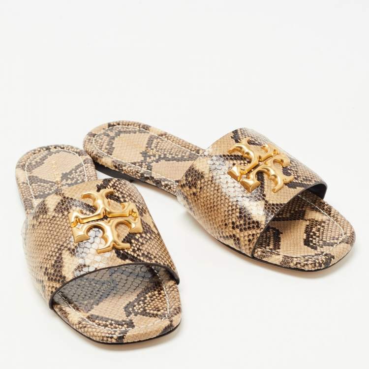 Pre Owned Tory Burch Two Tone Python Leather Eleanor Flat Slides Size 38