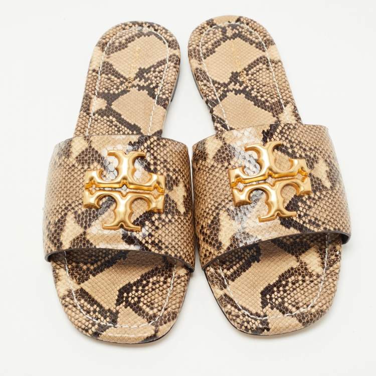Pre Owned Tory Burch Two Tone Python Leather Eleanor Flat Slides Size 38
