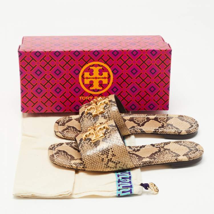 Pre Owned Tory Burch Two Tone Python Leather Eleanor Flat Slides Size 38