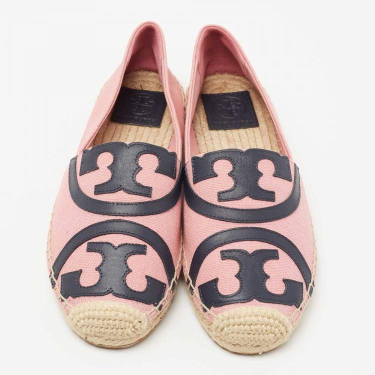 Pre Owned Tory Burch Pink/Navy Blue Canvas and Leather Poppy Logo Espadrille Flats Size 38.5