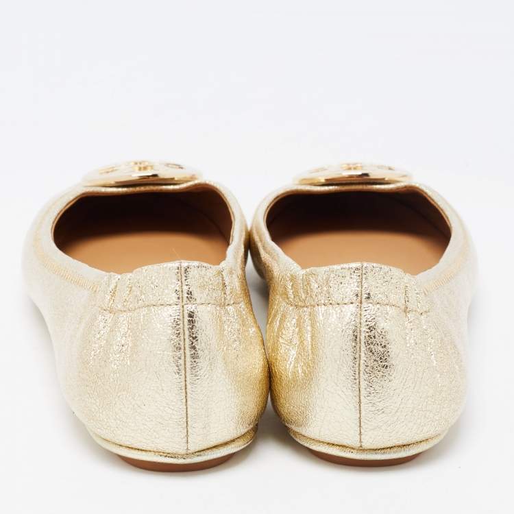Pre Owned Tory Burch Gold Foil Leather Minnie Travel Scrunch Ballet Flats Size 37.5