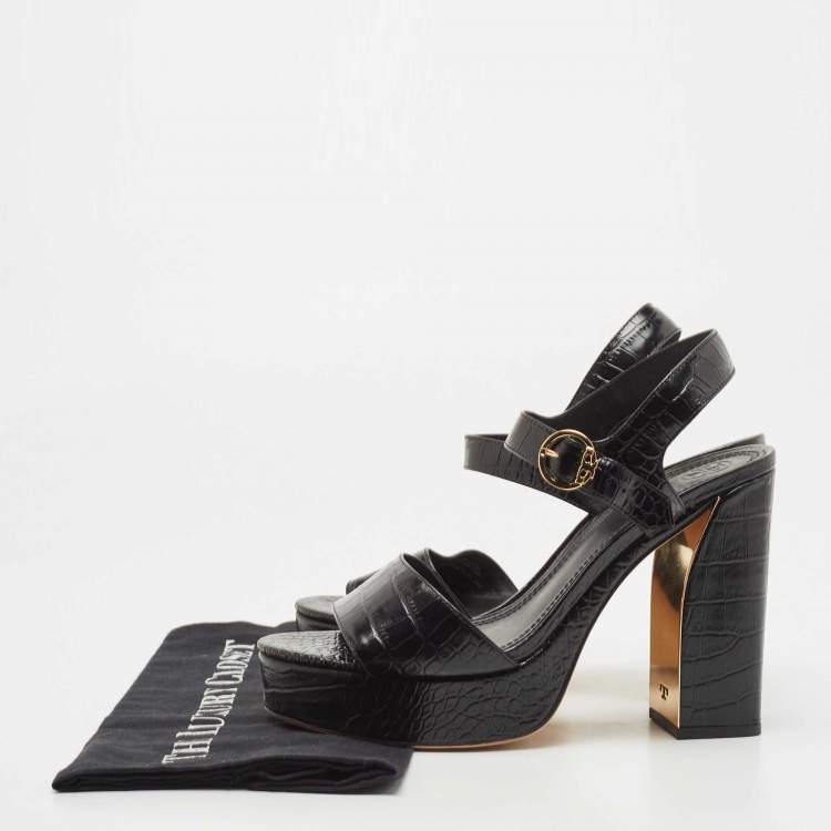 Pre Owned Tory Burch Black Croc Embossed Leather Block Heel  Ankle Strap Sandals Size 38.5