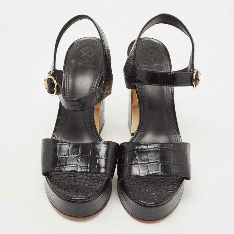 Pre Owned Tory Burch Black Croc Embossed Leather Block Heel  Ankle Strap Sandals Size 38.5