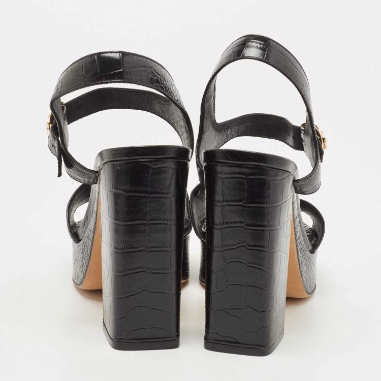 Pre Owned Tory Burch Black Croc Embossed Leather Block Heel  Ankle Strap Sandals Size 38.5