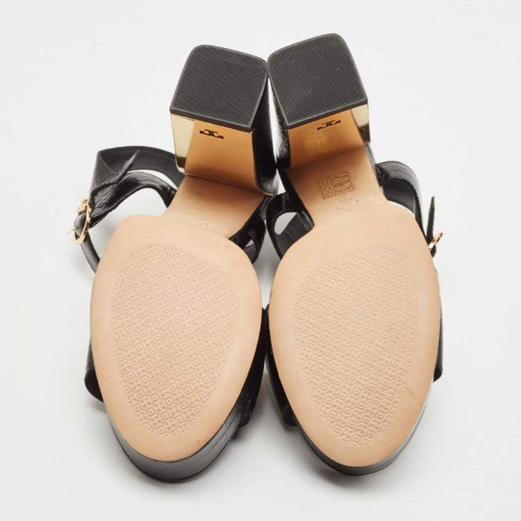 Pre Owned Tory Burch Black Croc Embossed Leather Block Heel  Ankle Strap Sandals Size 38.5
