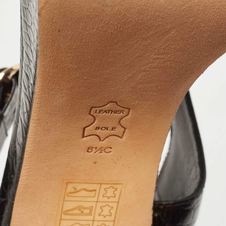 Pre Owned Tory Burch Black Croc Embossed Leather Block Heel  Ankle Strap Sandals Size 38.5