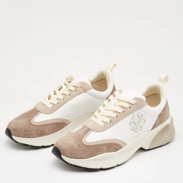 Pre Owned Tory Burch White/Brown Suede and Leather Good Luck Low Top Sneakers Size 40.5