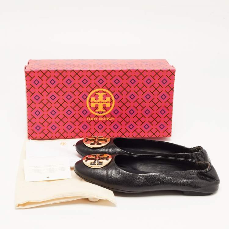 مملوكة مسبقًا Tory Burch Black Leather Minnie Ballet Flats Size 40