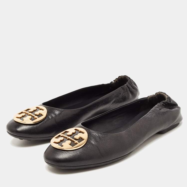 مملوكة مسبقًا Tory Burch Black Leather Minnie Ballet Flats Size 40