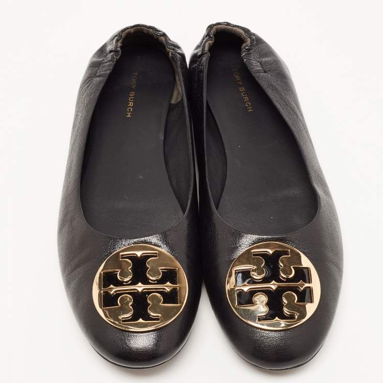 مملوكة مسبقًا Tory Burch Black Leather Minnie Ballet Flats Size 40